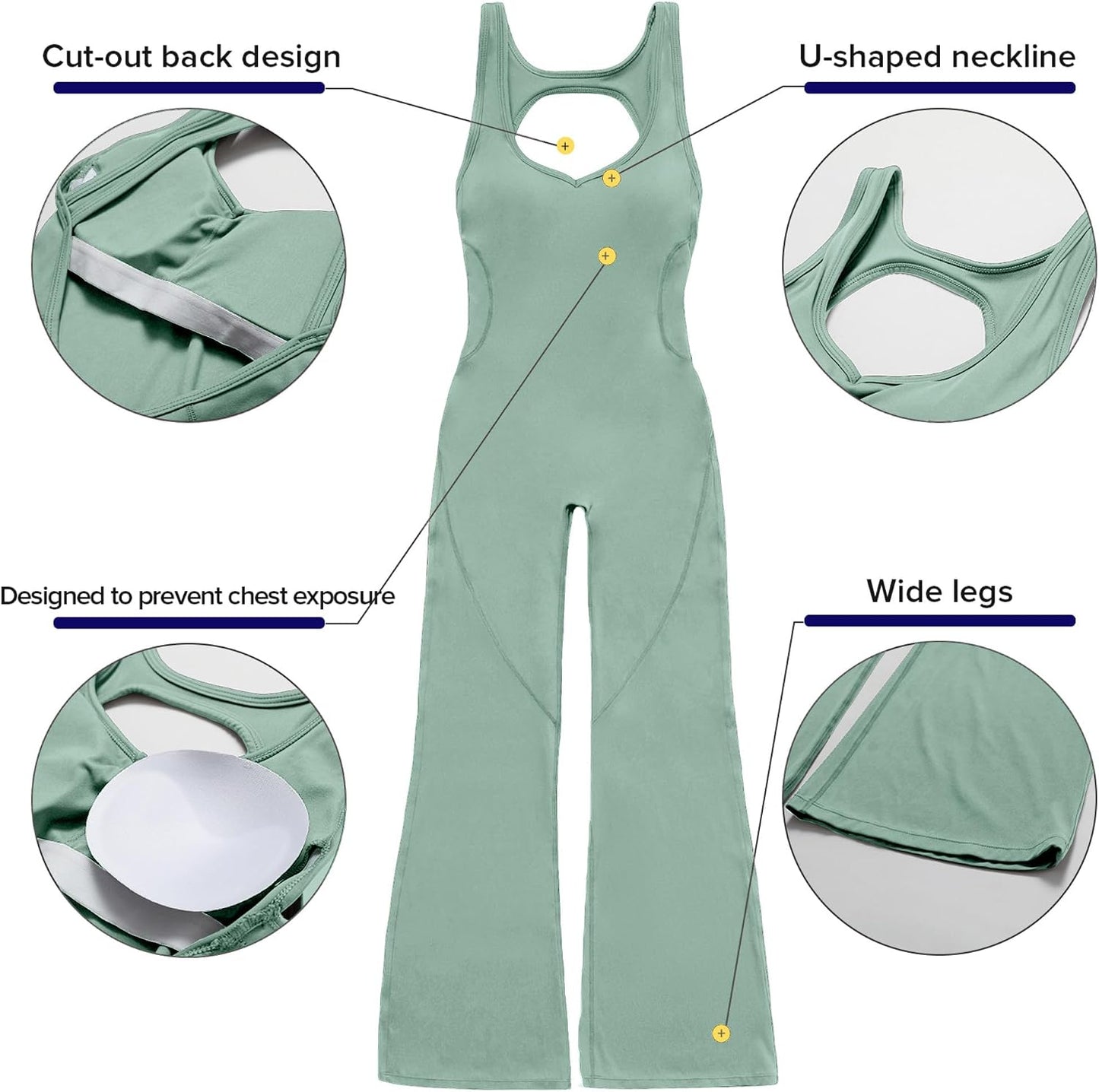 Women Flare Jumpsuit with Bra Tummy Control Cutout Romper Workout Outfit Sleeveless Unitard One Piece Backless Bodysuit