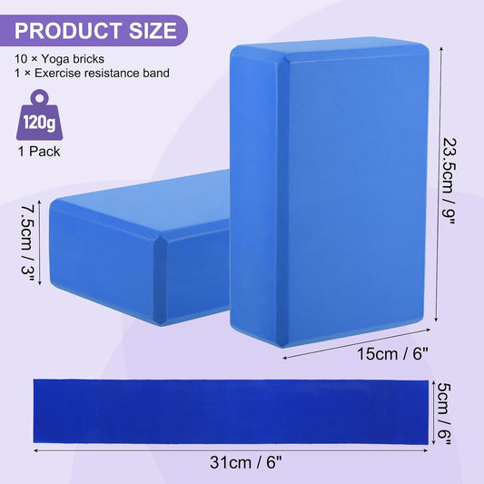 Yoga Block and Resistance Band Set – 10-Piece Kit Featuring High-Density EVA Foam Yoga Blocks (9 x 6 x 3 Inches); Non-Slip and Lightweight—Ideal for Women's Gym Stretching, Yoga, and Pilates Workouts