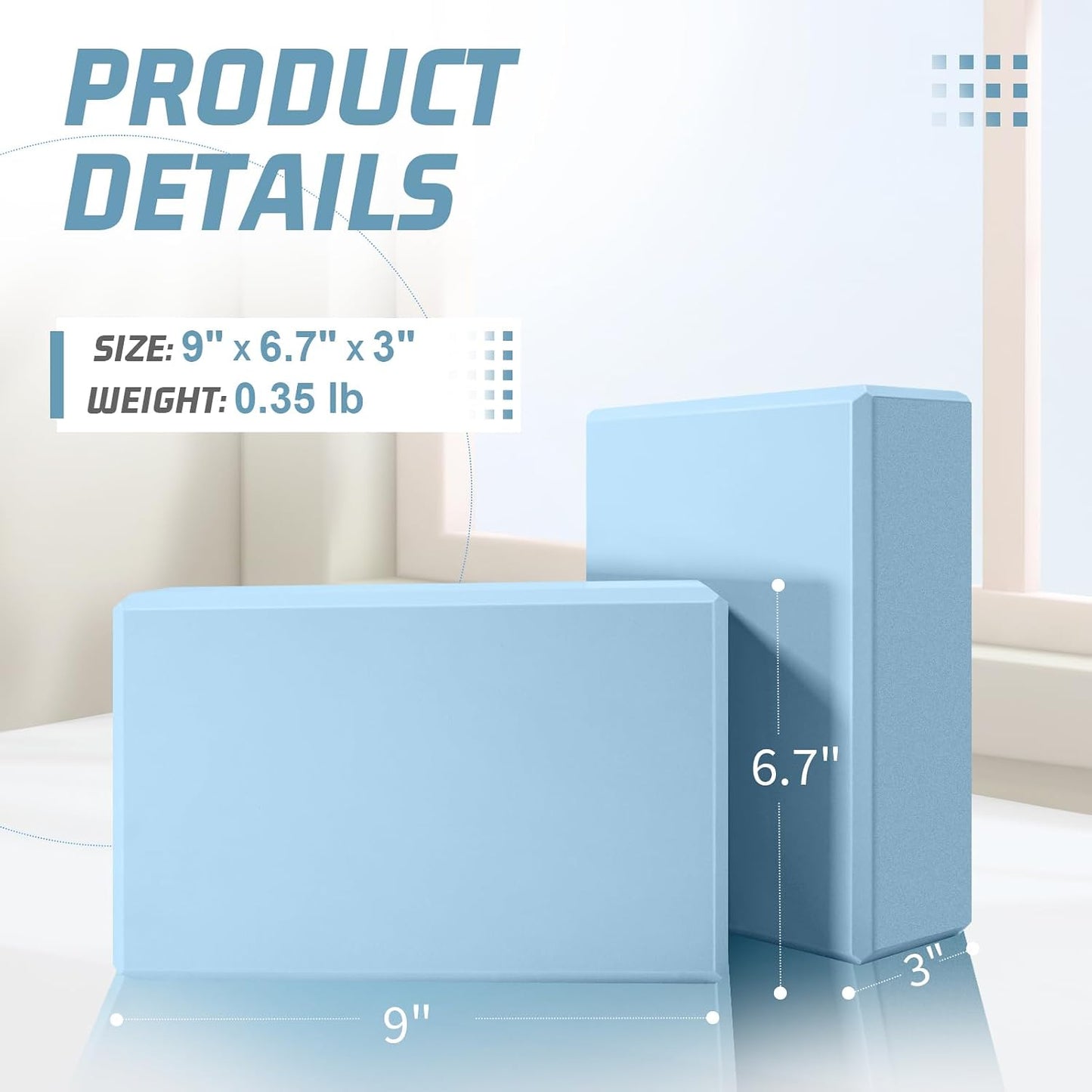 2-Piece EVA Foam Yoga Block Set (3 x 6 x 9-inch), highly supportive, latex-free, featuring beveled edges and a non-slip surface; suitable for Pilates, meditation, balance exercises, stretching, and deep poses.