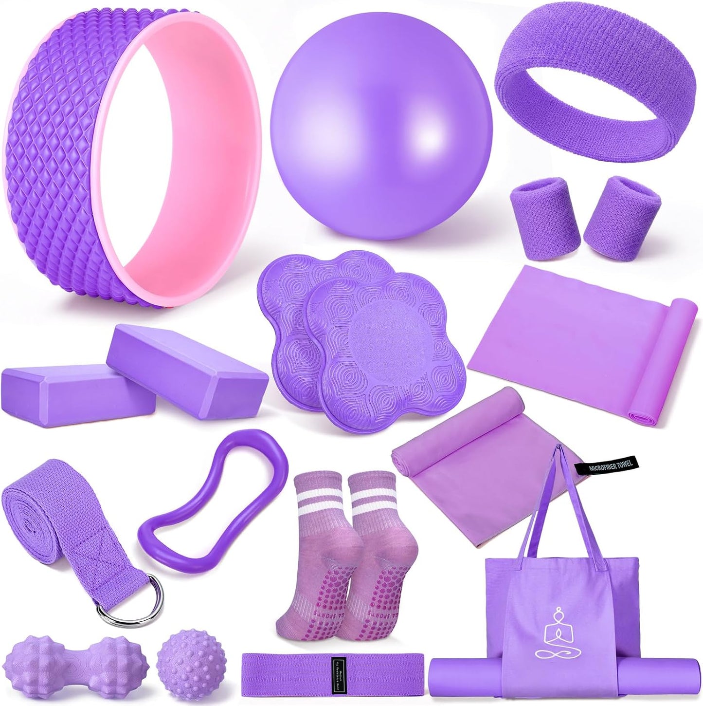 17 Pcs Yoga Essential Kit for Women, Pilates Equipment Starter Set for Beginners with Yoga Wheel Ball Blocks Strap Resistance Bands Wrist Rings Socks Towel & Carry Bag for Home Workouts