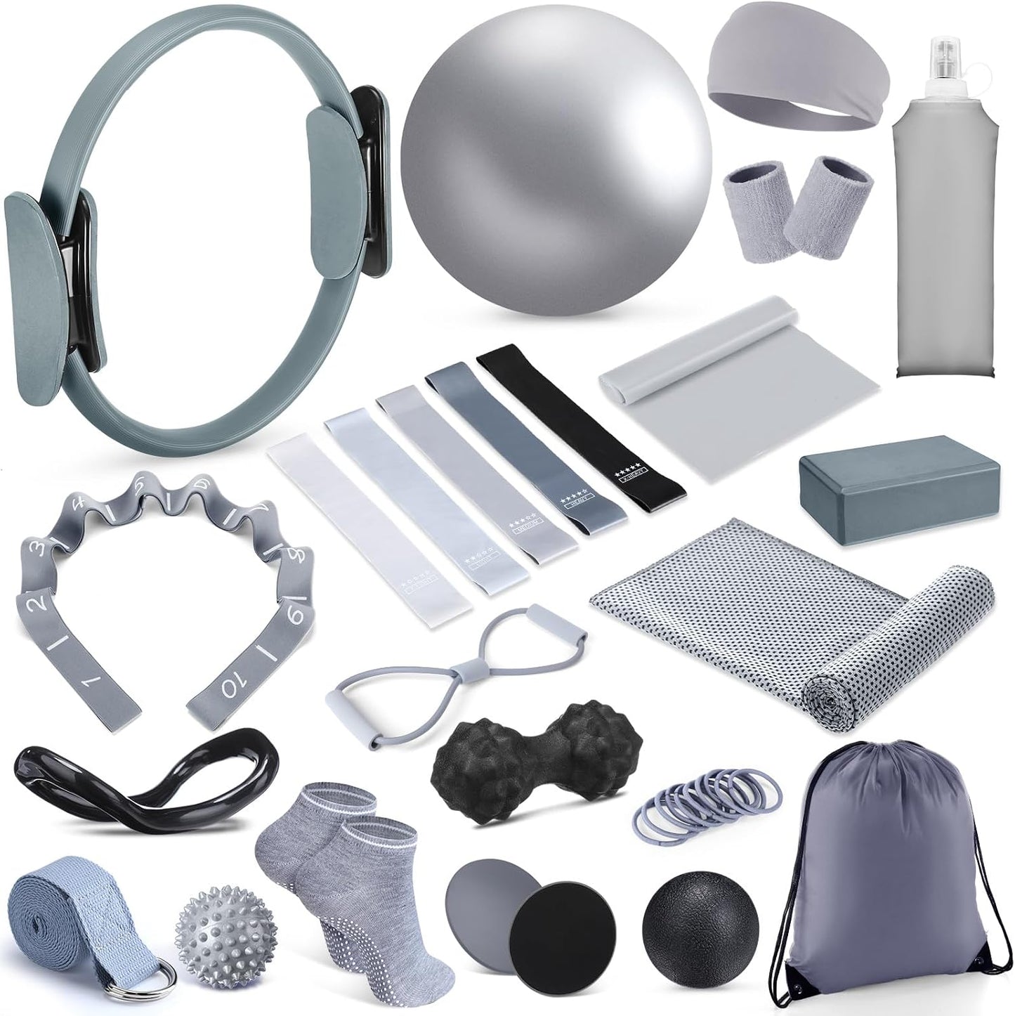 24 Pcs Pilates Kit, Home Pilate Equipment for Women, Pilates Ring and Ball Set with Stretching Strap, Water Bottle, Magic Circle, Yoga Ring, Gym Bag, Resistance Band, Anti Slip Sock