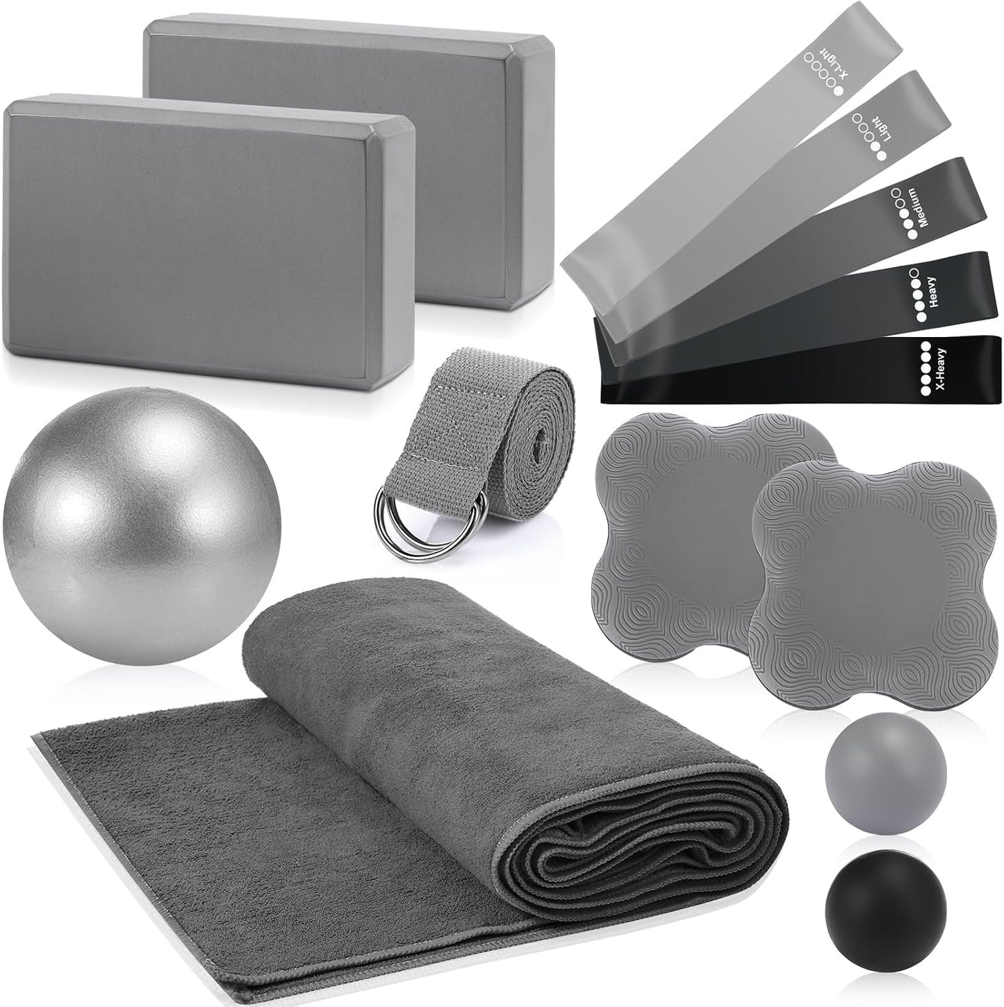 14 Pcs Yoga Kits for Home Workouts Pilates Equipment Set for Women Beginners, Hot Yoga Towel Blocks Strap, Knee Pad, Resistance Loop Exercise Band, Massage Lacrosse Ball, Pilates Ball