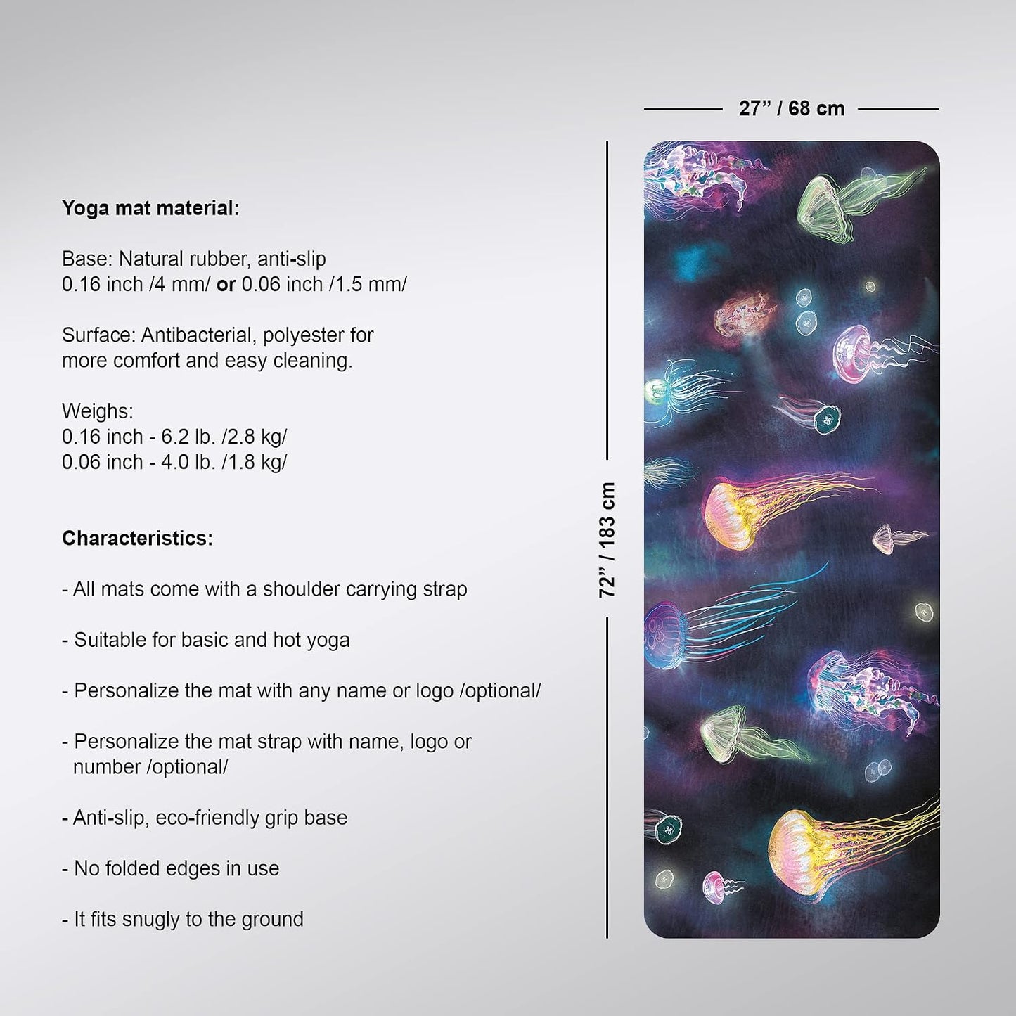 Glow Fitness Mat, Colrful Pilates Rug, Sea Life Anti-slip Workout Pad, 27"x72" (68x183cm),