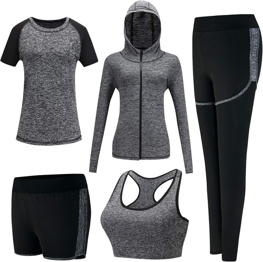 5pcs Workout Outfits for Women Athletic Sets Sport Suits Yoga Gym Fitness Exercise Clothes Jogging Tracksuits